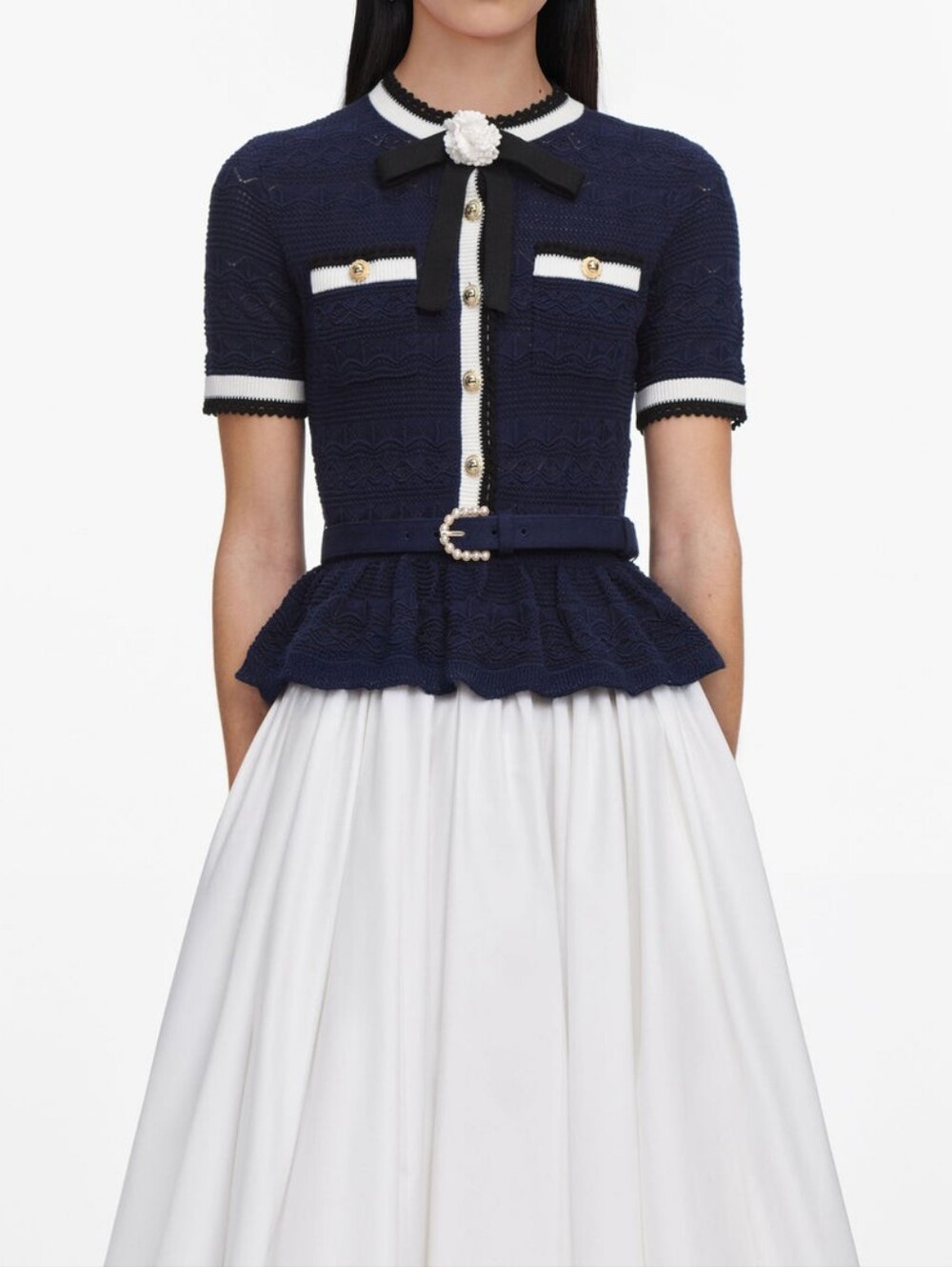 Self Portrait Navy Peplum Pointelle Knit Top